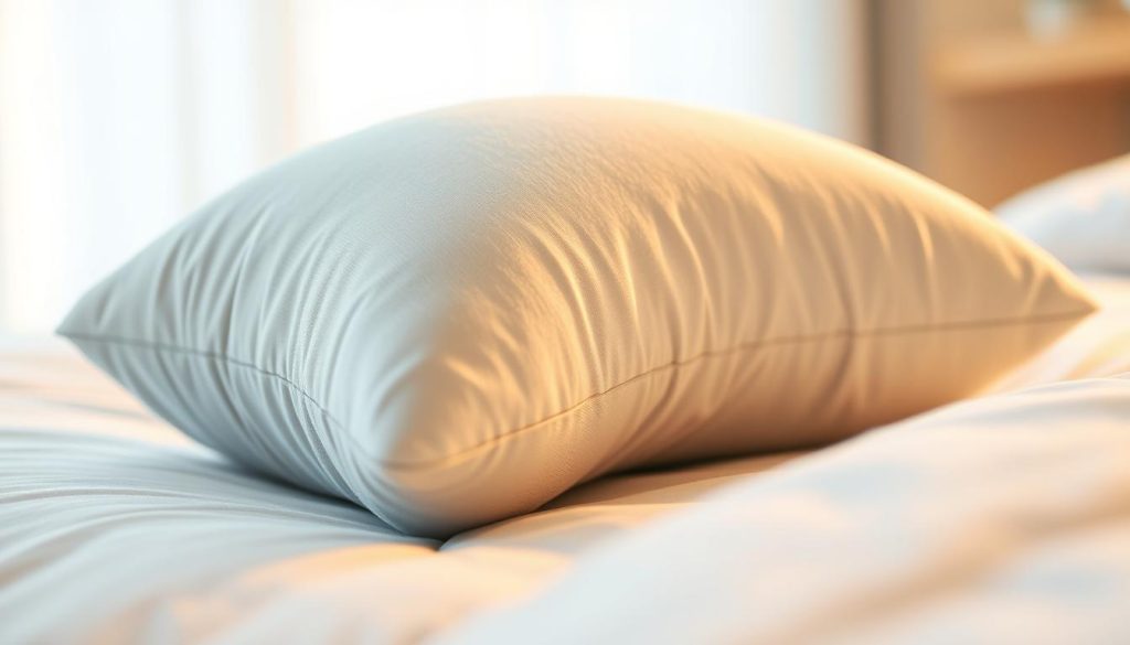 A close-up view of a supportive cervical pillow, showcasing its ergonomic design and plush, hypoallergenic materials. The pillow is positioned at a slight incline, gently cradling the neck and shoulders in a neutral alignment. Soft, diffused lighting from the side creates a warm, calming atmosphere, highlighting the pillow's soothing colors and textures. The background is blurred, allowing the viewer to focus solely on the thoughtfully crafted pillow and its ability to provide personalized comfort and support for a good night's sleep.