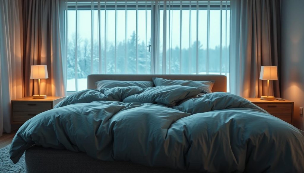 A cozy bedroom on a chilly winter night. In the foreground, a plush, oversized down-filled comforter in a soft, muted blue-gray hue, invitingly draped over a plush, low-profile bed frame. The bedding appears fluffy and warm, beckoning the viewer to sink into its gentle embrace. In the middle ground, a pair of modern, minimalist bedside tables in a natural wood tone flank the bed, each with a single warm-toned table lamp that casts a soft, ambient glow. The background depicts a large window, partially obscured by sheer, billowing curtains, allowing a glimpse of the snowy landscape beyond. The lighting is a harmonious blend of soft, diffused natural light and the gentle, cozy illumination of the lamps, creating a serene and cocooning atmosphere.