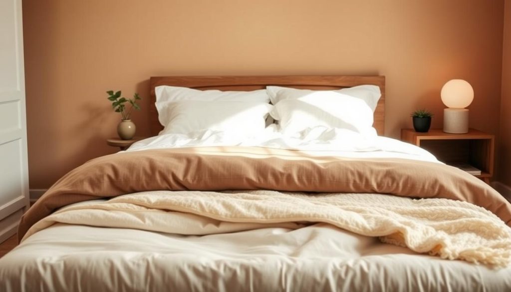 A cozy, well-lit bedroom featuring an inviting bed with crisp white sheets and a plush, earth-toned duvet. On the bedside table, a small potted plant adds a touch of nature. The walls are adorned with warm, muted tones, creating a serene and calming ambiance. Soft, diffused lighting illuminates the space, highlighting the natural fibers and eco-friendly materials used throughout the room. In the foreground, an array of sustainable bedding options, such as organic cotton sheets, bamboo pillows, and a wool blanket, are neatly displayed, showcasing their quality and environmental benefits. The overall mood is one of relaxation and mindful living, inspiring the viewer to consider the importance of choosing eco-friendly sleep solutions. A cozy, well-lit bedroom featuring an inviting bed with crisp white sheets and a plush, earth-toned duvet. On the bedside table, a small potted plant adds a touch of nature. The walls are adorned with warm, muted tones, creating a serene and calming ambiance. Soft, diffused lighting illuminates the space, highlighting the natural fibers and eco-friendly materials used throughout the room. In the foreground, an array of sustainable bedding options, such as organic cotton sheets, bamboo pillows, and a wool blanket, are neatly displayed, showcasing their quality and environmental benefits. The overall mood is one of relaxation and mindful living, inspiring the viewer to consider the importance of choosing eco-friendly sleep solutions.