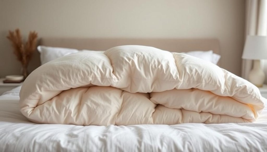 A cozy, well-lit bedroom scene with a plush, high-quality cotton comforter taking center stage. The comforter is neatly folded, showcasing its thick, fluffy texture and warm, inviting appearance. Soft, muted lighting casts a gentle glow, creating a serene, calming atmosphere. The background features minimalist decor, allowing the comforter to be the focal point. Camera angle is slightly elevated, capturing the comforter from a slightly bird's-eye view to emphasize its luxurious size and comfort. The overall impression is one of quality, comfort, and a perfect night's sleep, reflecting the "Best Winter Comforter Recommendations" section of the article.