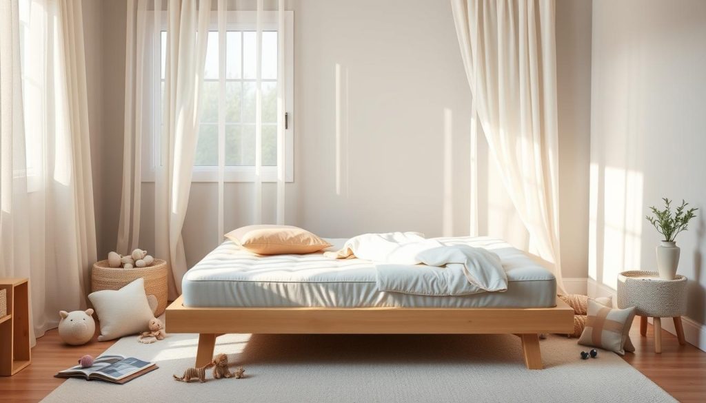 A cozy, well-lit bedroom setting featuring a modern, ergonomic children's mattress in the center. Soft, natural lighting filters through sheer curtains, casting a warm glow. The mattress is elevated on a simple, minimalist wooden frame, with clean lines and a Scandinavian-inspired design. Plush, hypoallergenic bedding in soothing pastel tones invites a comfortable, restful sleep. Scattered around the mattress are a few thoughtfully selected toys and books, reflecting the needs of a growing child. The overall atmosphere is one of tranquility, wellness, and quality craftsmanship - an ideal environment for a child's healthy development and rejuvenating slumber. A cozy, well-lit bedroom setting featuring a modern, ergonomic children's mattress in the center. Soft, natural lighting filters through sheer curtains, casting a warm glow. The mattress is elevated on a simple, minimalist wooden frame, with clean lines and a Scandinavian-inspired design. Plush, hypoallergenic bedding in soothing pastel tones invites a comfortable, restful sleep. Scattered around the mattress are a few thoughtfully selected toys and books, reflecting the needs of a growing child. The overall atmosphere is one of tranquility, wellness, and quality craftsmanship - an ideal environment for a child's healthy development and rejuvenating slumber.