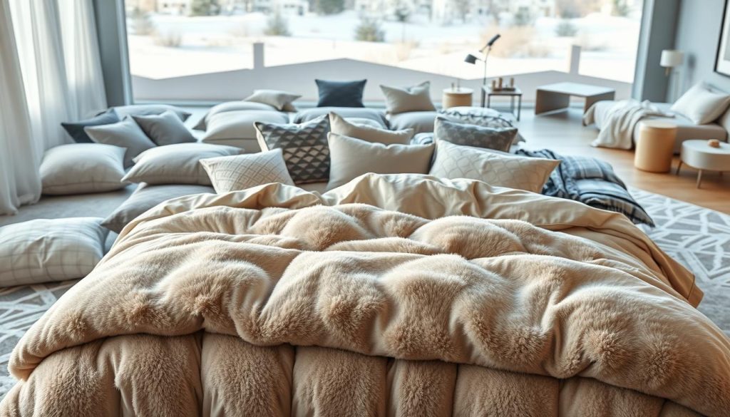 A cozy winter scene showcasing the 2025 bedding market trends. In the foreground, a plush king-sized comforter in a neutral tone takes center stage, its soft, luxurious texture inviting touch. Surrounding it, an array of contemporary duvet covers in muted hues and geometric patterns suggest the latest design directions. The middle ground features a variety of high-tech, moisture-wicking pillows and throws, highlighting the prioritization of thermoregulation and sleep quality. In the background, silhouettes of modern, ergonomic bed frames and side tables hint at the integration of smart home technologies into the bedroom. The lighting is soft and warm, creating an atmosphere of cozy comfort and relaxation, representative of the market's shift towards wellness-focused offerings.