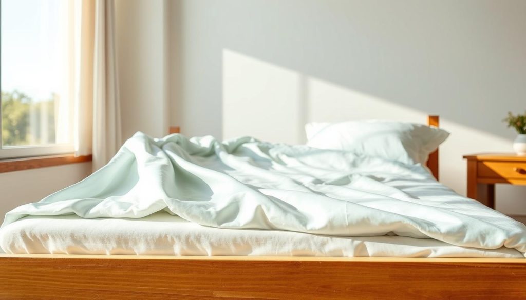 A delicate ice silk bed sheet gently cascades across a minimalist wooden bed frame, its cool, silky texture catching the warm afternoon sunlight filtering in through large windows. The sheet's intricate weave patterns and subtle sheen create a sense of luxury and elegance, perfectly suited for a serene and comfortable summer's rest. The overall scene conveys a tranquil, rejuvenating atmosphere, inviting the viewer to experience the sheet's breathable, moisture-wicking properties that make it an ideal choice for the warm season.