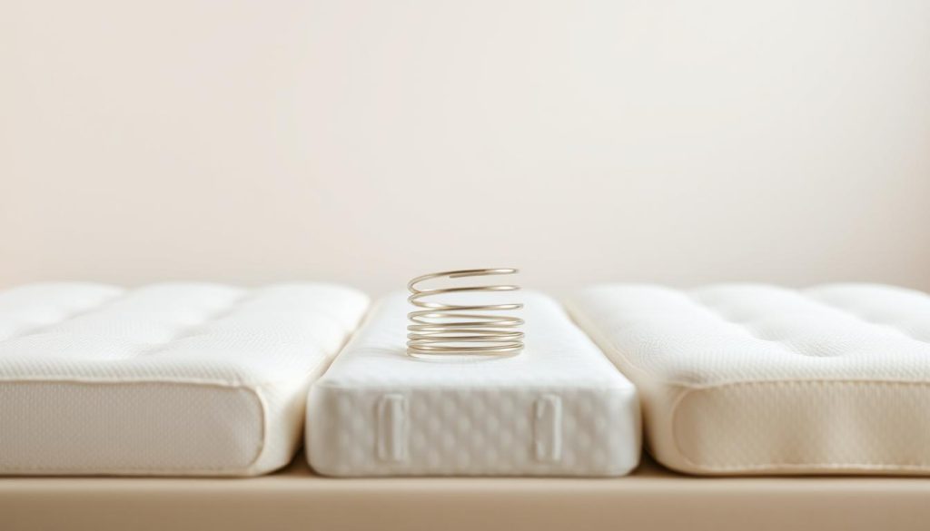 A high-resolution image showcasing a comparison of various children's mattress materials. The foreground depicts three different mattress types - memory foam, innerspring, and latex - positioned side-by-side, allowing a clear visual examination of their distinct properties and textures. The middle ground features a minimalist, light-colored background, drawing the viewer's attention to the mattress samples. The lighting is soft and diffused, creating a calming, educational atmosphere. The camera angle is slightly elevated, providing an overview of the mattress materials while maintaining a crisp, detailed focus. The overall tone is informative and inviting, suitable for an article about choosing the optimal children's mattress. A high-resolution image showcasing a comparison of various children's mattress materials. The foreground depicts three different mattress types - memory foam, innerspring, and latex - positioned side-by-side, allowing a clear visual examination of their distinct properties and textures. The middle ground features a minimalist, light-colored background, drawing the viewer's attention to the mattress samples. The lighting is soft and diffused, creating a calming, educational atmosphere. The camera angle is slightly elevated, providing an overview of the mattress materials while maintaining a crisp, detailed focus. The overall tone is informative and inviting, suitable for an article about choosing the optimal children's mattress.