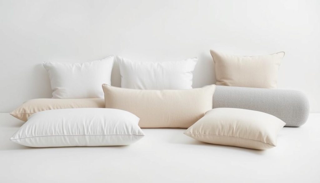 A minimalist still life of various height pillows and bolsters arranged on a plain white surface. The pillows are made of high-quality materials and come in a range of neutral colors like white, beige, and gray. Soft, even lighting from above creates subtle shadows and highlights the texture and form of each pillow. The image conveys a sense of tranquility and thoughtfulness, with the pillows positioned to suggest experimentation and comparison of different height options. The composition is balanced and the focus is solely on the pillows, allowing the viewer to clearly assess their height and suitability.