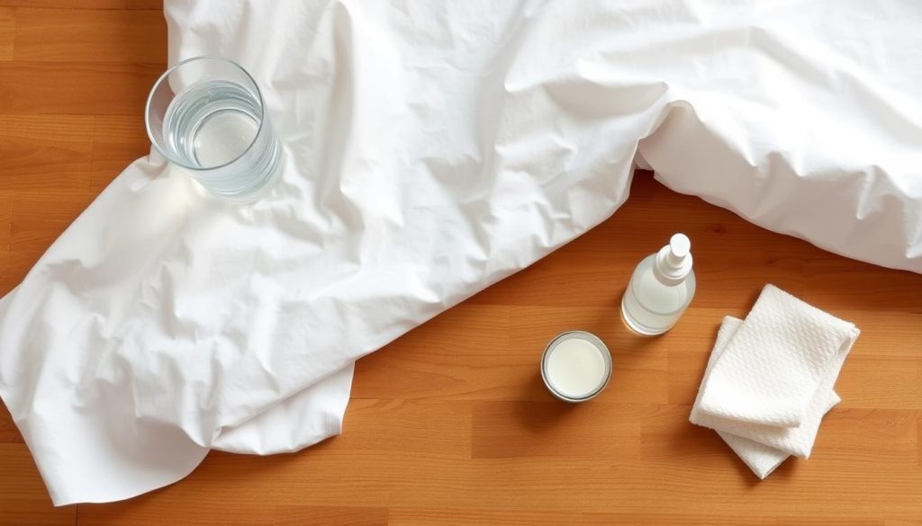 A neatly folded, crisp white bed sheet lies on a wooden table, its smooth surface reflecting the soft, even lighting from above. Nearby, a glass of water and a few simple cleaning supplies - a soft cloth, a mild detergent, and a small spray bottle - are arranged in a minimalist, zen-inspired composition. The scene conveys a sense of tranquility and attention to detail, hinting at the care and thought that goes into maintaining the luxurious, cooling properties of high-quality, summer-ready bedding.