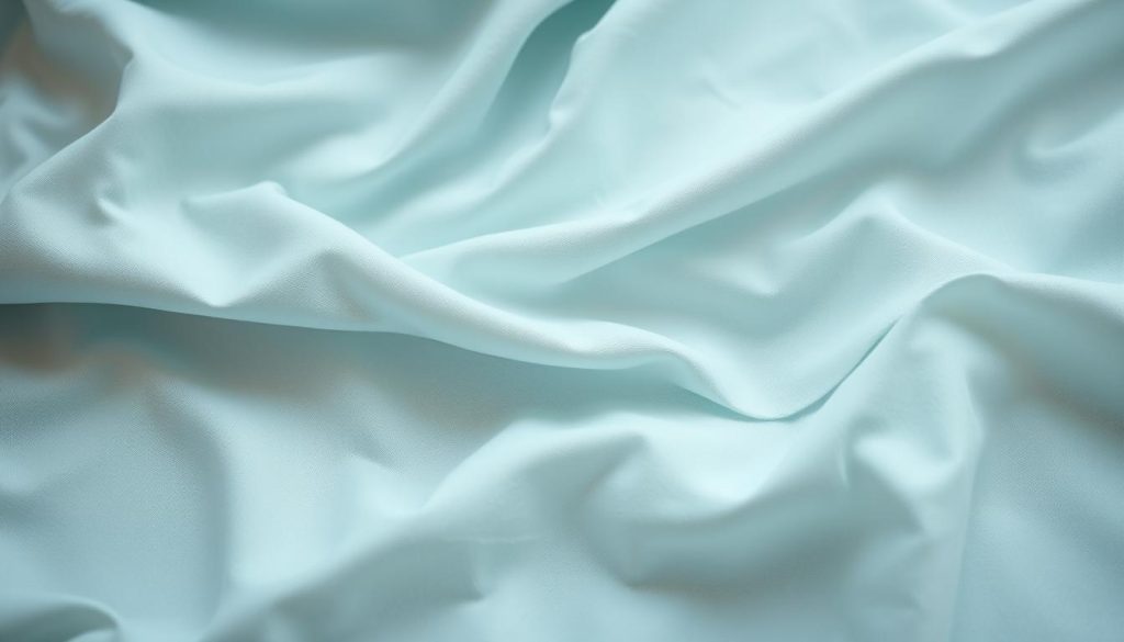 A softly textured, high-quality bedsheet material in a soothing, cool color palette. The fabric has a light, breathable weave with a subtle sheen, hinting at its moisture-wicking and temperature-regulating properties. Illuminated by soft, diffused lighting, the sheet's surface appears smooth and silky, inviting touch. The overall composition conveys a sense of relaxation and comfort, perfectly suited for a summer's night's rest.